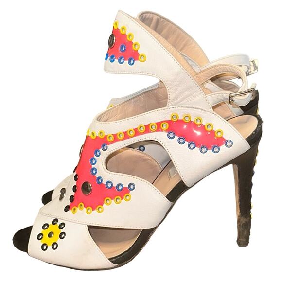 L.K. Bennett Studded Stiletto Heels White Pink Blue Yellow Womens 38 7.5 - Picture 1 of 7